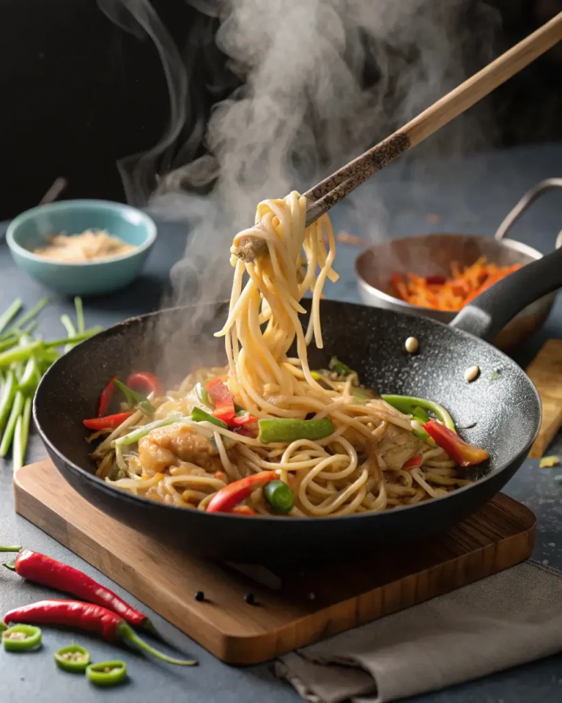 Stir-frying ho fun noodles in a carbon steel wok