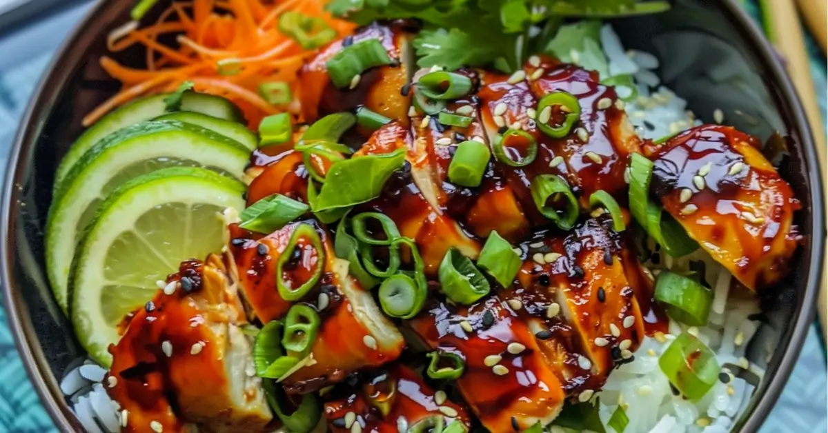 Sweet chili chicken rice bowl with colorful vegetables