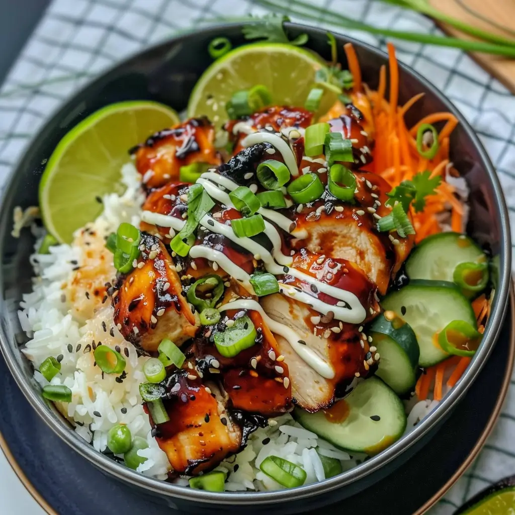 Sweet chili chicken rice bowl with lime, cucumbers, shredded carrots, and sesame seeds