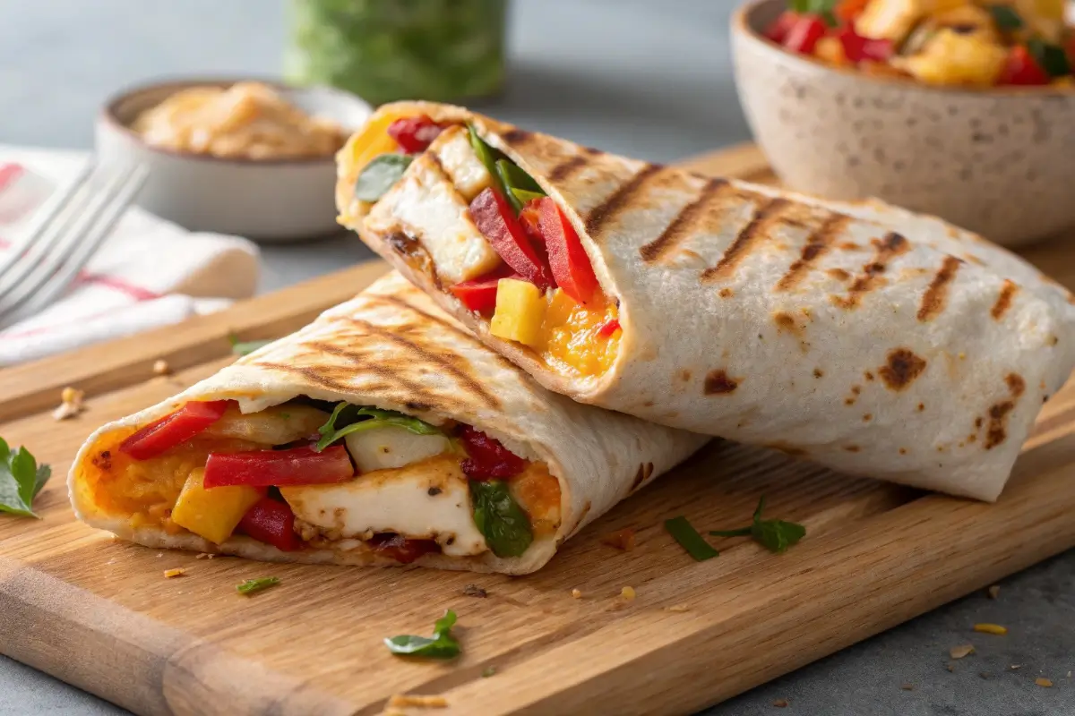 Sweet chili halloumi wraps with grilled cheese and fresh vegetables