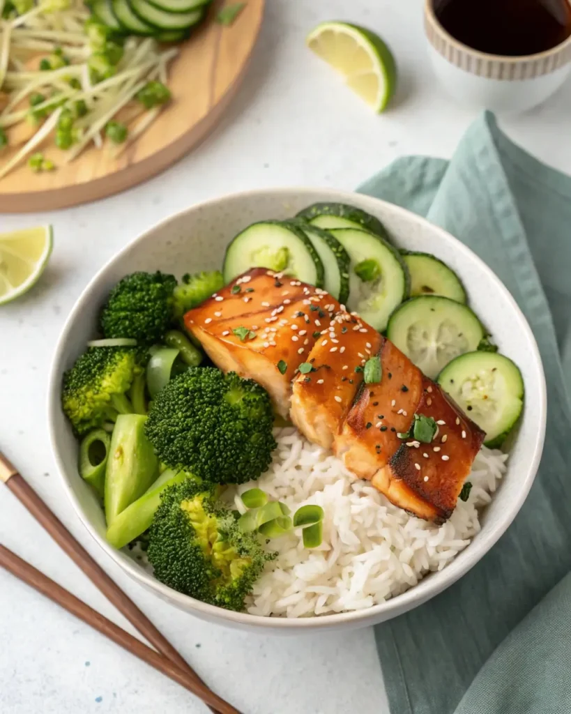 Teriyaki salmon bowl with rice and vegetables