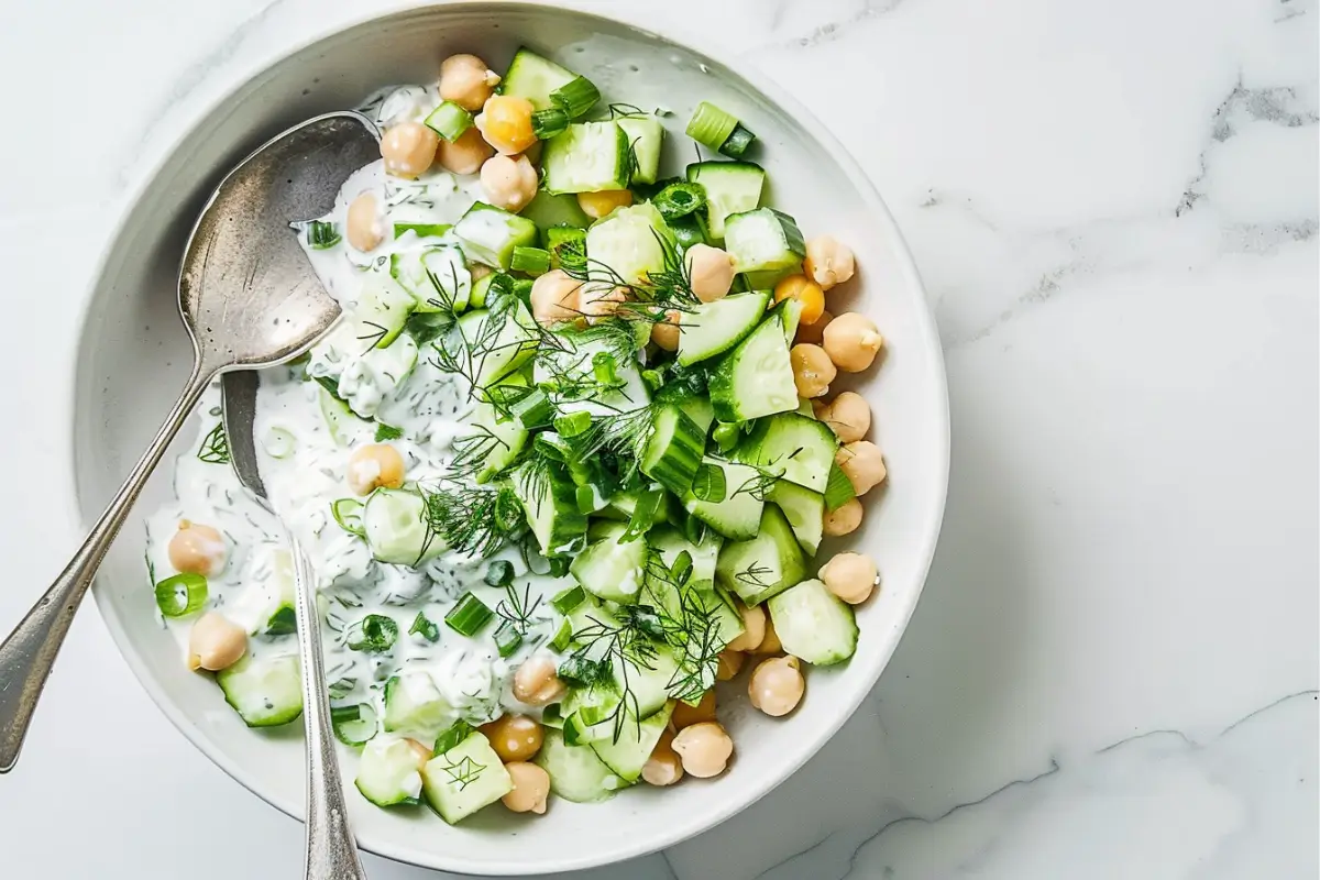 Tzatziki Chickpea Salad served with dill and pita