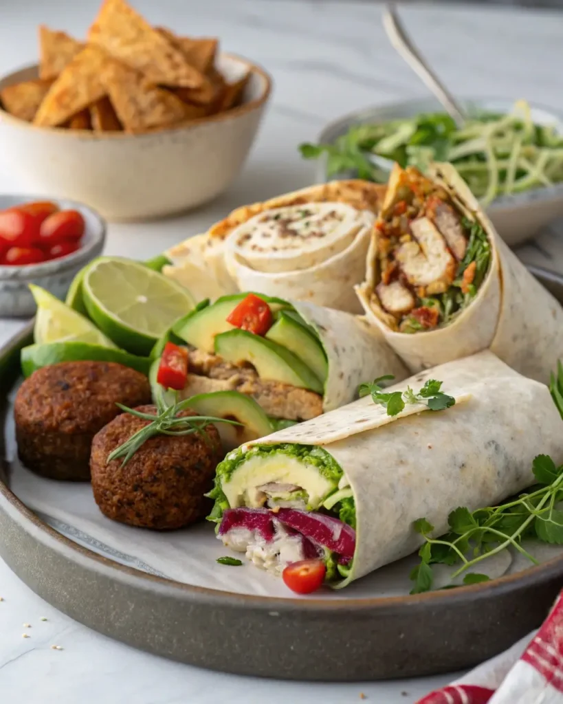 Vegan and Mediterranean-style sweet chili halloumi wraps on a platter