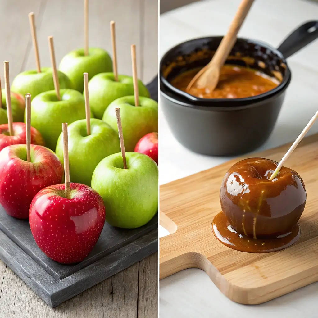 apples prepped for caramel dipping and pot of melted homemade caramel