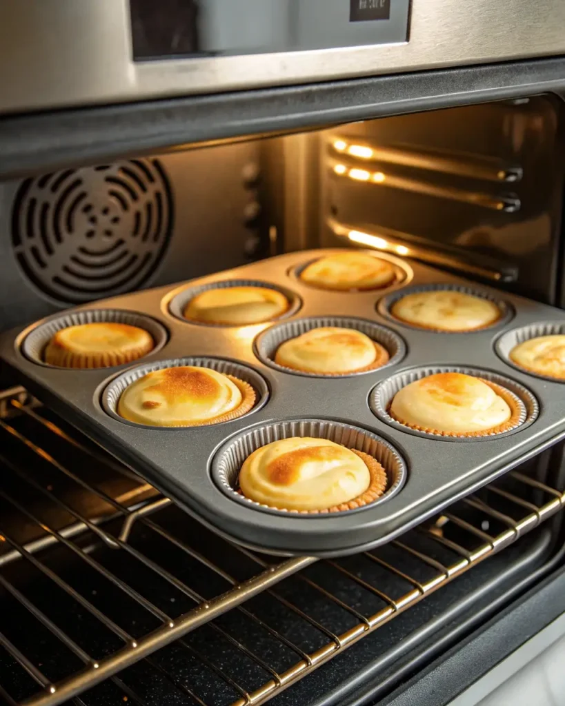 baking mini peanut butter cup cheesecakes in oven