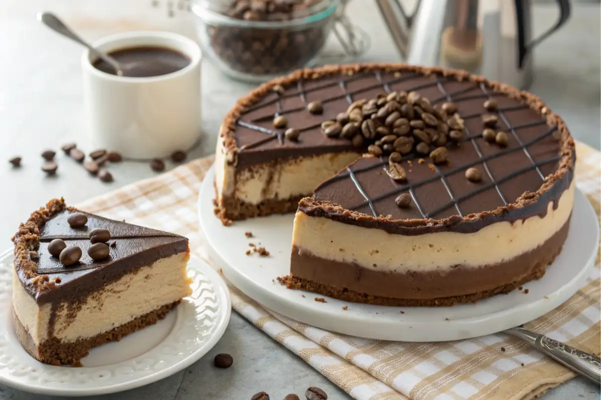 cappuccino fudge cheesecake topped with ganache and espresso beans