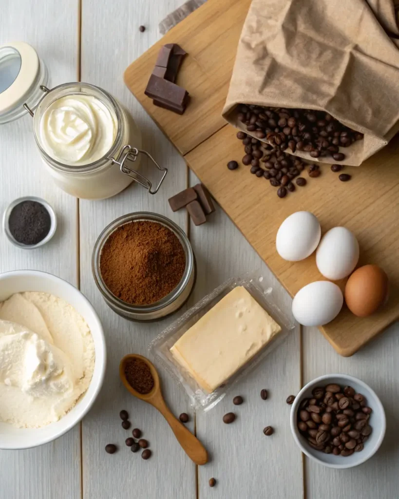 coffee cheesecake ingredients flat lay