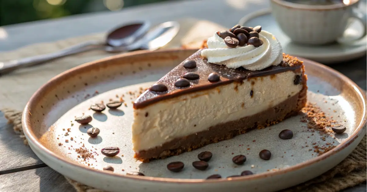 coffee cheesecake with whipped cream and espresso beans