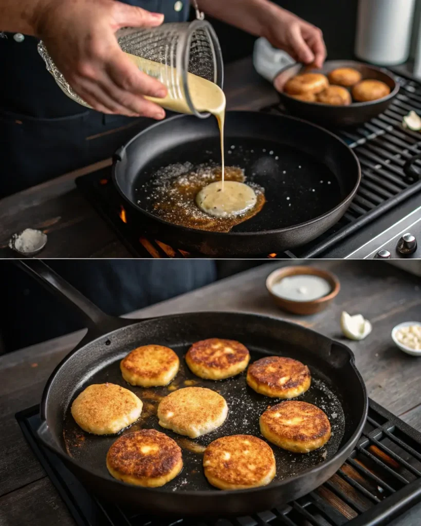 frying hoe cake bread in cast iron skillet