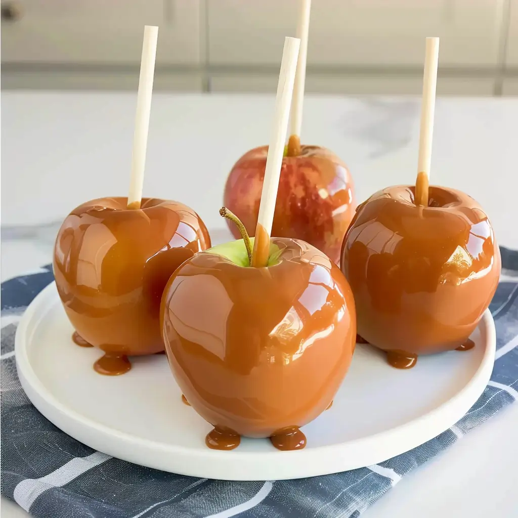 glossy homemade caramel apples on white plate with wooden sticks