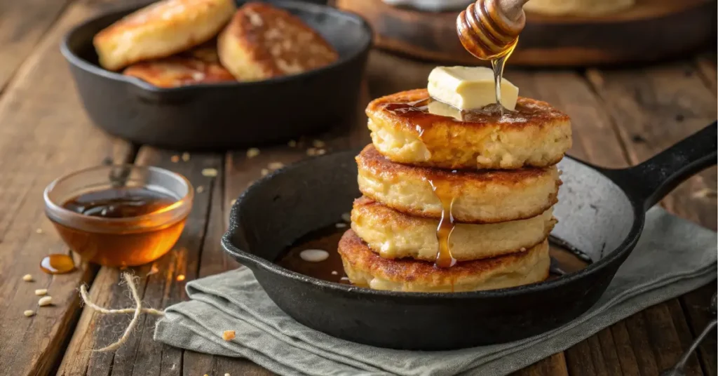 hoe cakes in skillet with honey and butter