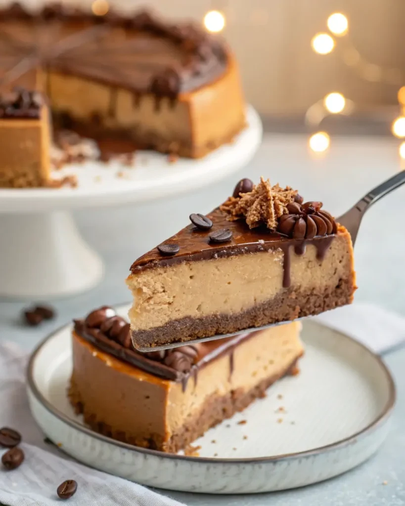 lifting a slice of coffee cheesecake