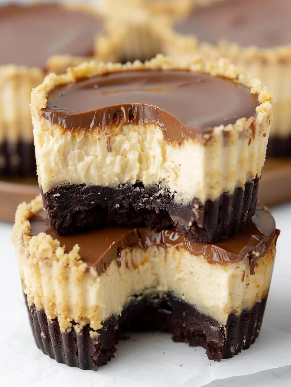 mini peanut butter cup cheesecakes with chocolate ganache and cookie crust