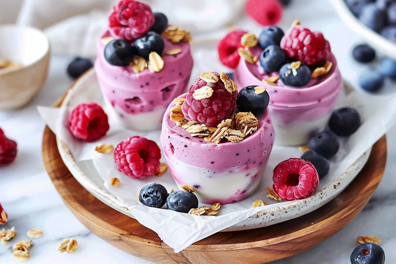 mixed berry frozen yogurt bites with granola in tray