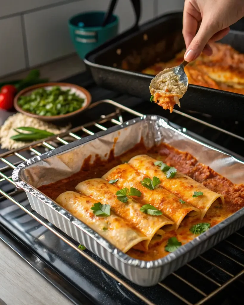 oven-baked enchiladas at 350 degrees covered with foil