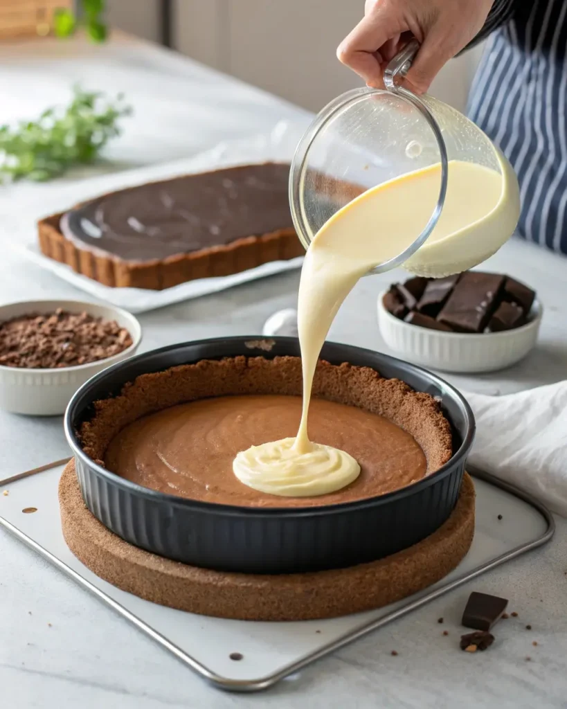 pouring coffee cheesecake batter into pan