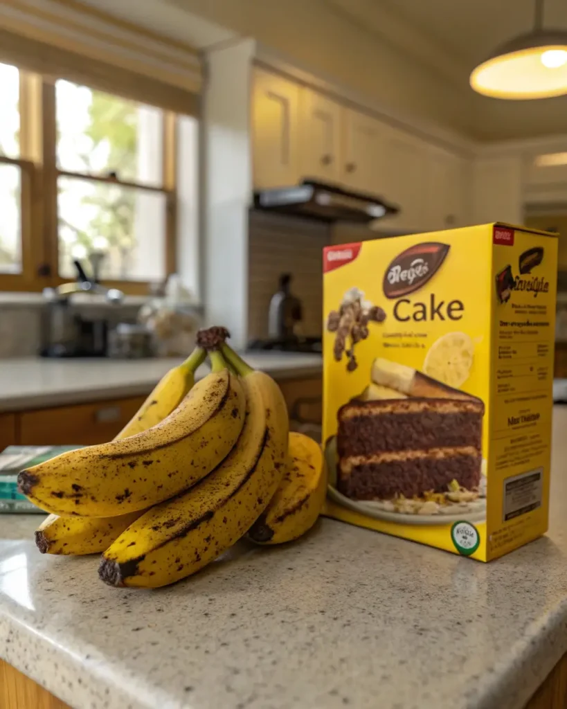 ripe bananas next to yellow cake mix