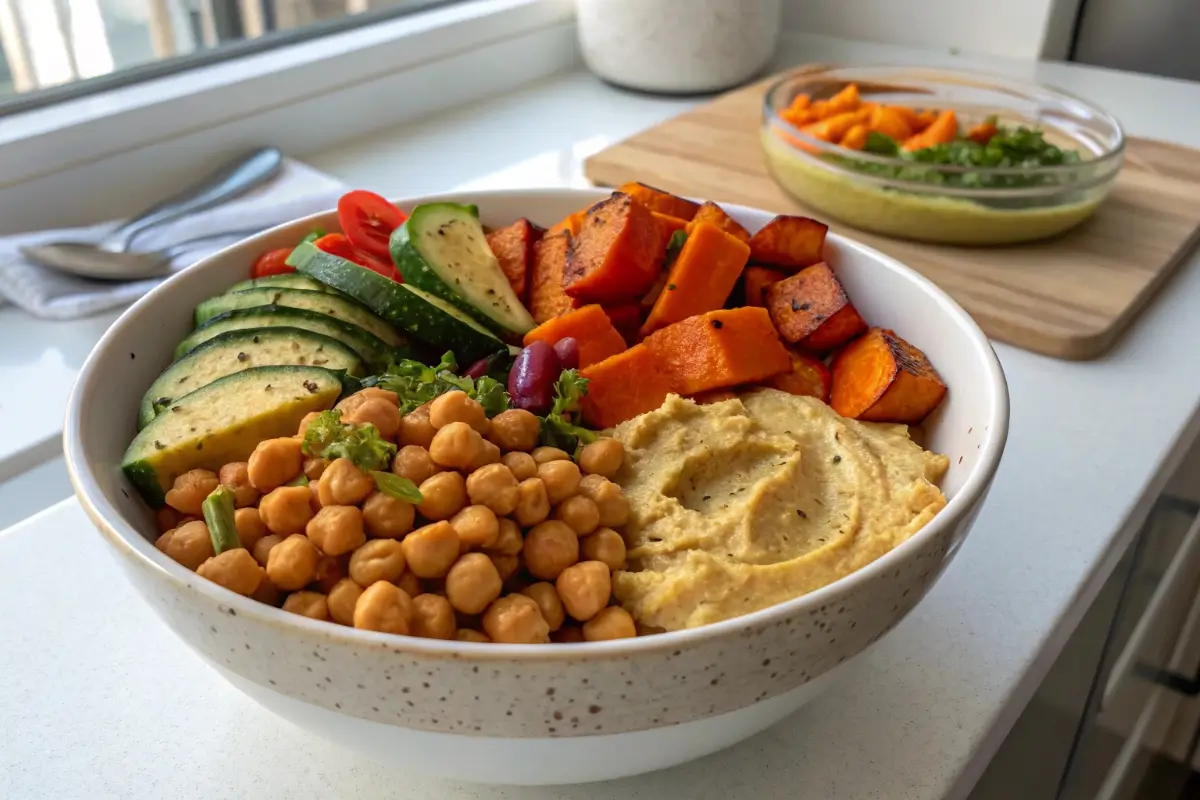 roasted veggie hummus bowl with sweet potatoes and chickpeas