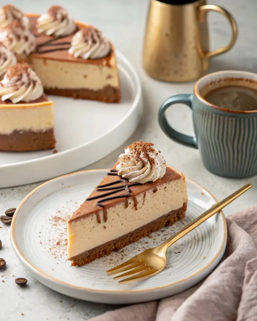 serving cappuccino fudge cheesecake with espresso