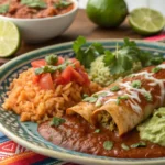 serving enchiladas with Mexican rice and beans