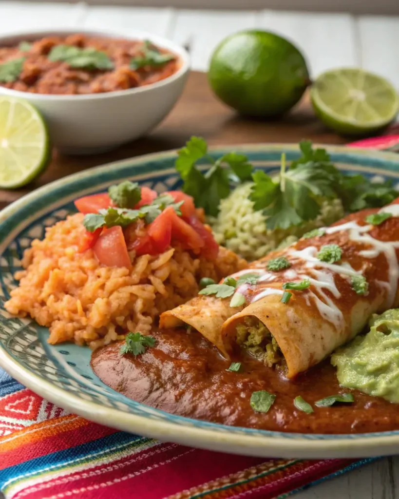 serving enchiladas with Mexican rice and beans