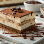 tiramisu cheesecake dessert slice with cocoa and espresso