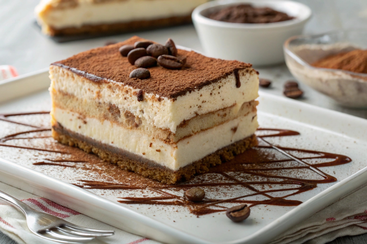 tiramisu cheesecake dessert slice with cocoa and espresso