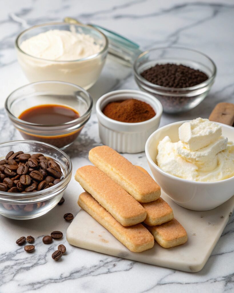 tiramisu cheesecake ingredients laid out for prep
