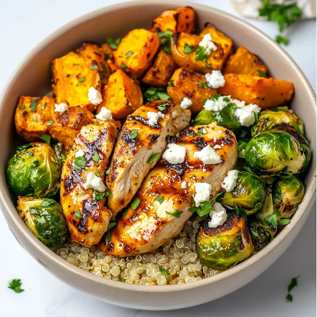 Assembled hot honey chicken bowl with toppings