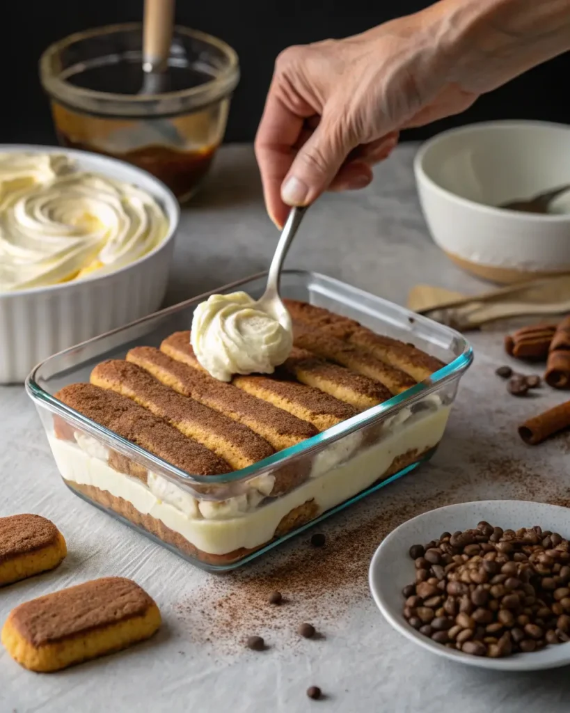 Assembling the best tiramisu recipe with mascarpone cream