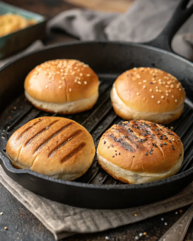 Burger buns being toasted for Cajun Chicken Sloppy Joes