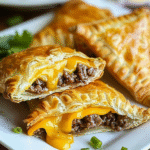 Cheeseburger pockets served with fries and dips