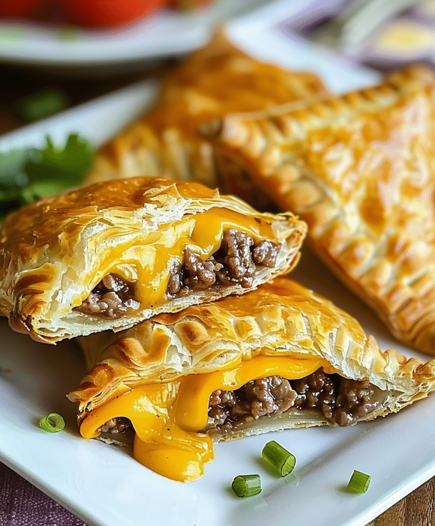 Cheeseburger pockets served with fries and dips