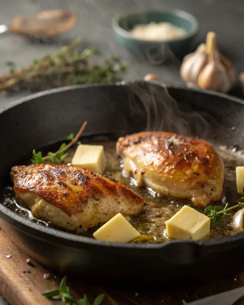 Chicken cooking in garlic butter skillet