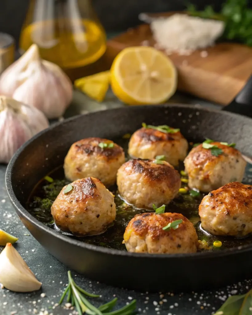 Chicken meatballs searing in skillet with lemon and garlic