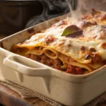 Classic Homemade Lasagna in ceramic dish bubbling with cheese