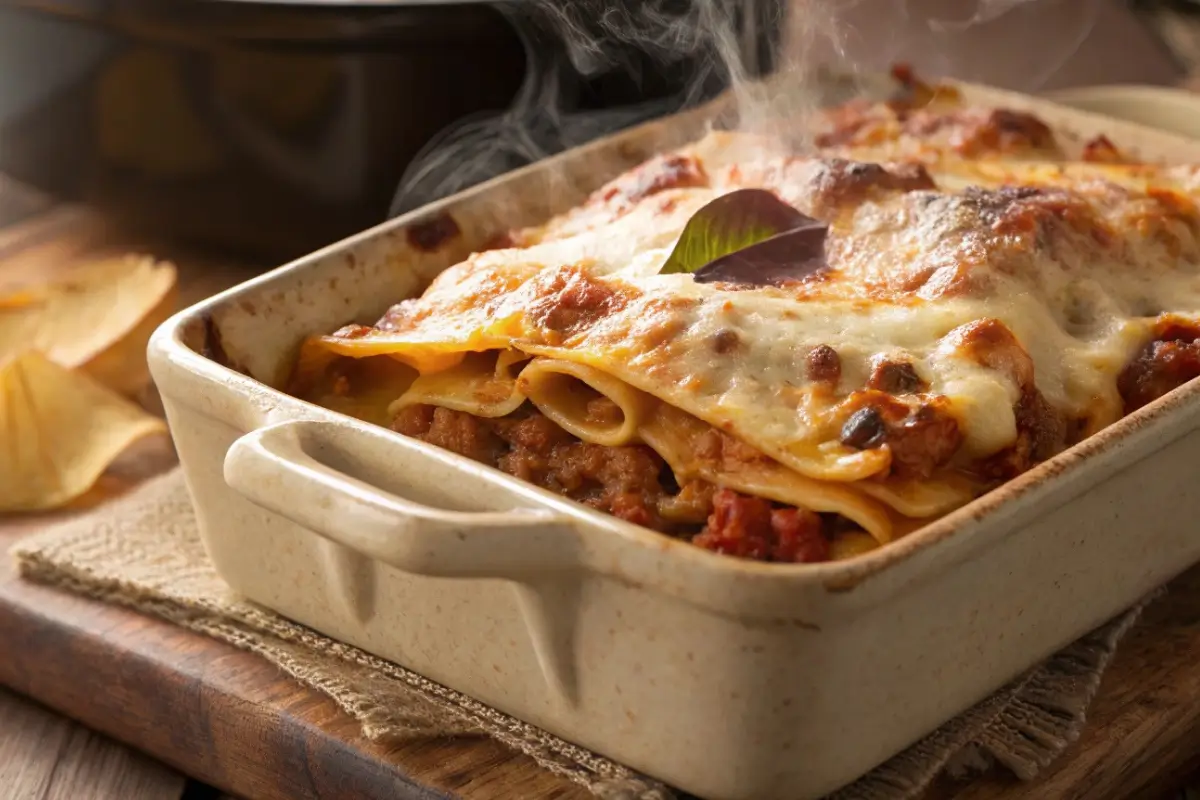 Classic Homemade Lasagna in ceramic dish bubbling with cheese