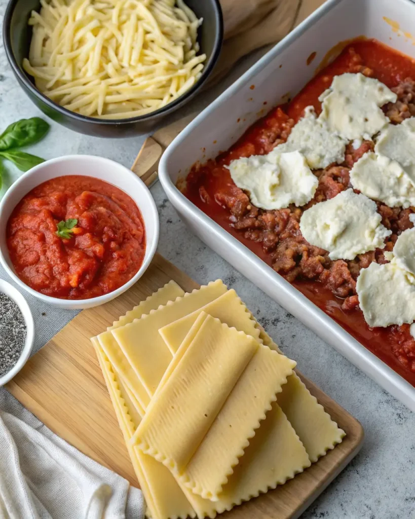 Classic Homemade Lasagna ingredients spread on table