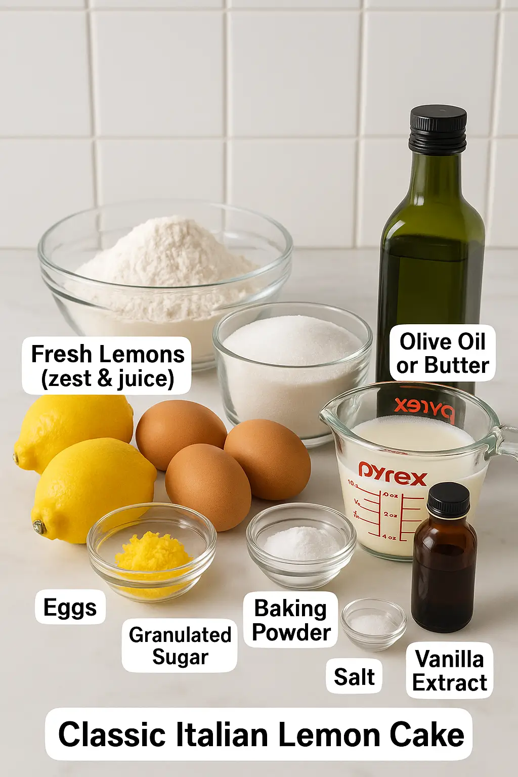 Classic Italian Lemon Cake ingredients including fresh lemons, flour, sugar, eggs, olive oil, milk, vanilla, and baking powder
