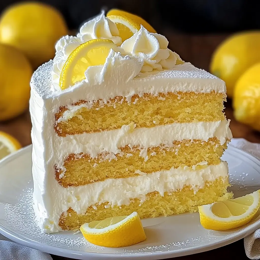 Classic Italian Lemon Cake slice with layers of whipped frosting and lemon wedges