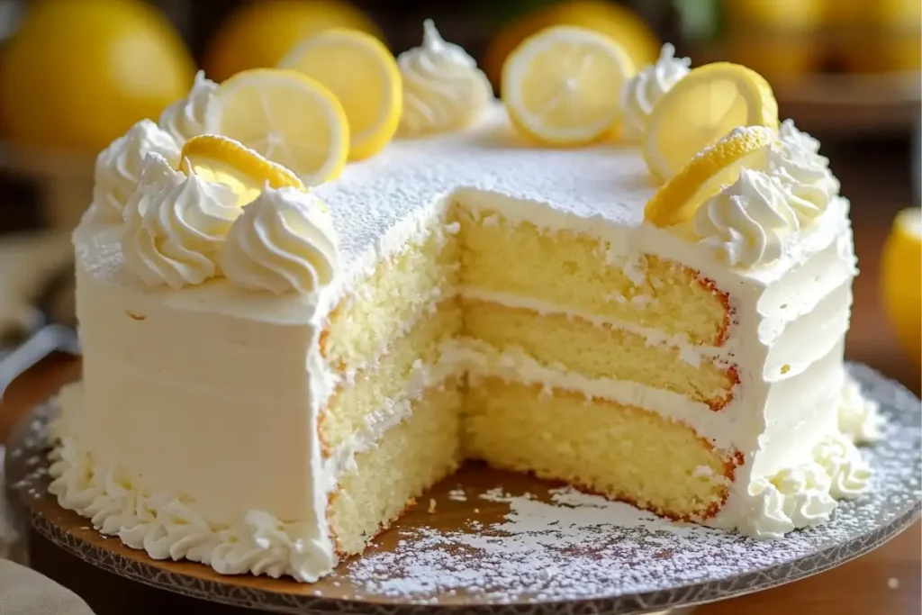 Classic Italian Lemon Cake sliced and topped with powdered sugar
