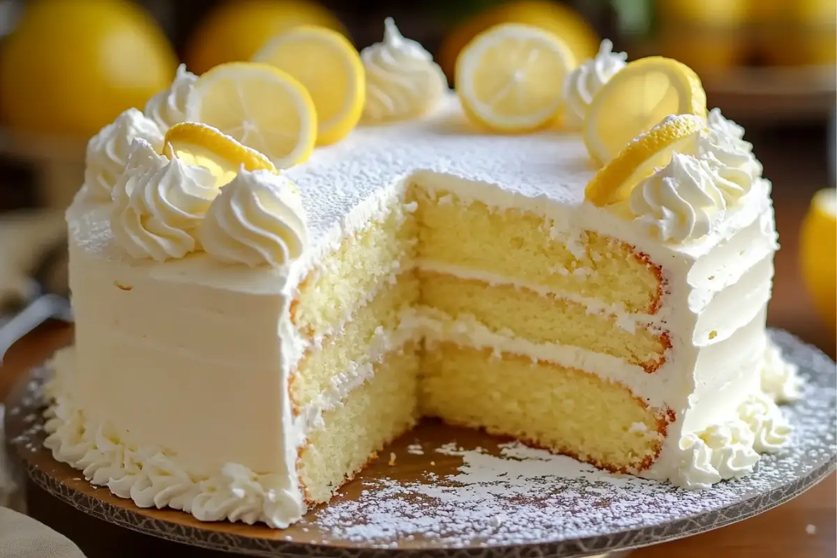 Classic Italian Lemon Cake sliced and topped with powdered sugar