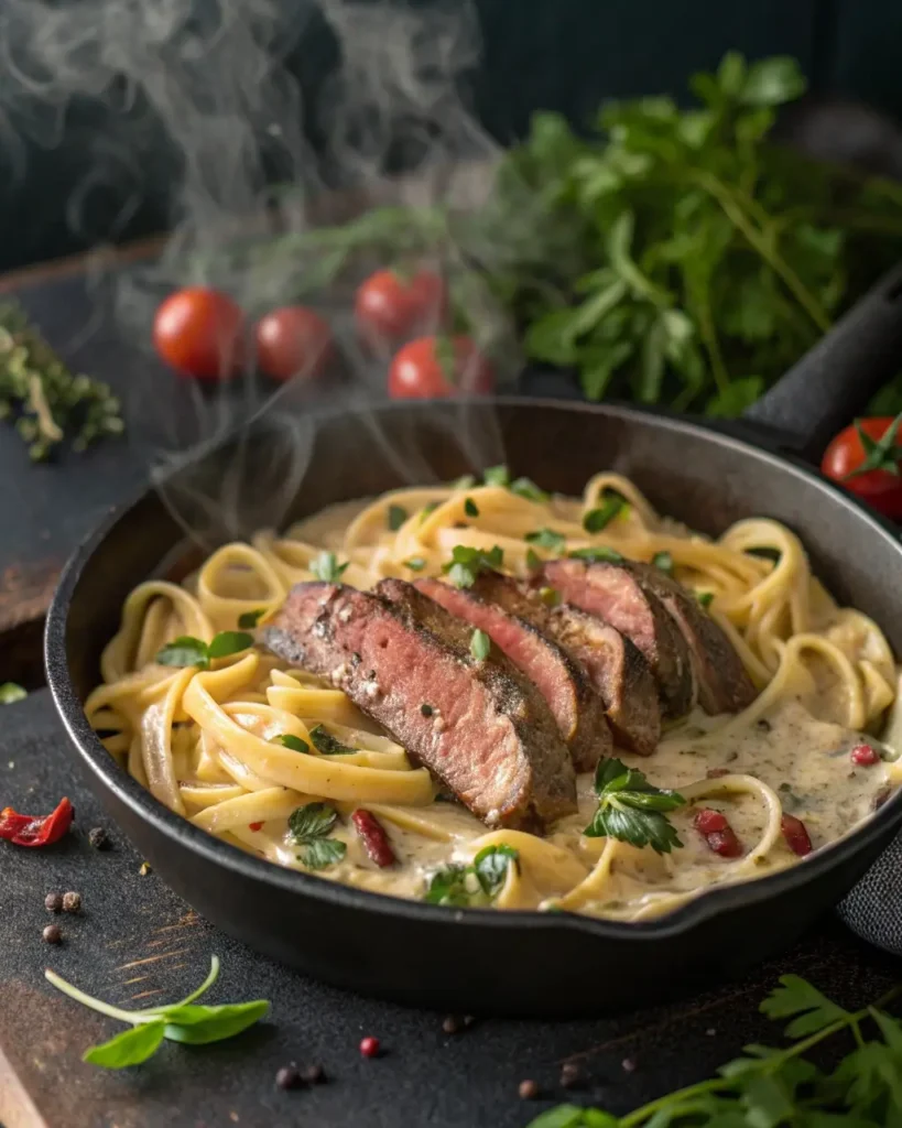 Cooking creamy steak and pasta in skillet