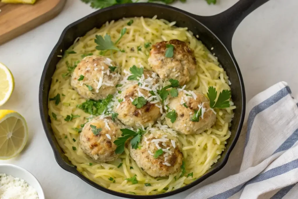 Creamy lemon garlic chicken meatballs orzo in skillet