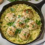 Creamy lemon garlic chicken meatballs orzo in skillet