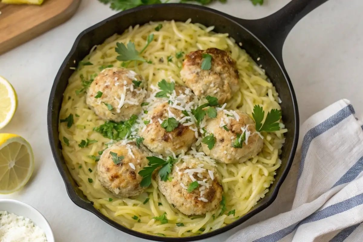 Creamy lemon garlic chicken meatballs orzo in skillet