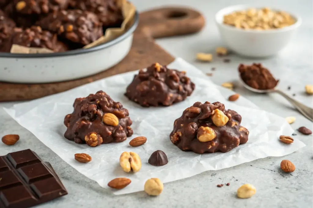 Crock Pot Chocolate Peanut Clusters cooling on parchment