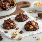 Crock Pot Chocolate Peanut Clusters cooling on parchment