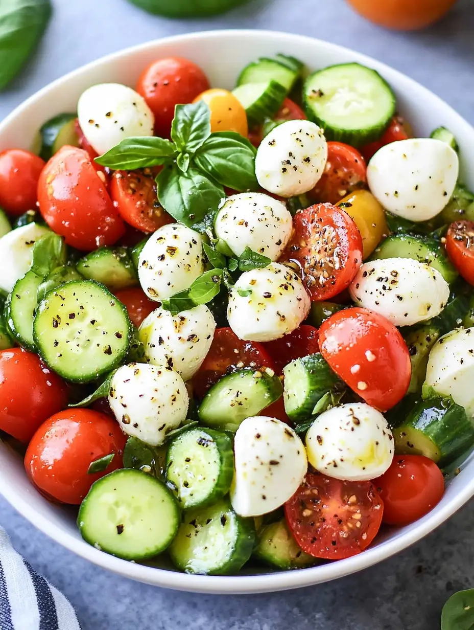 Cucumber Caprese Salad served with grilled chicken