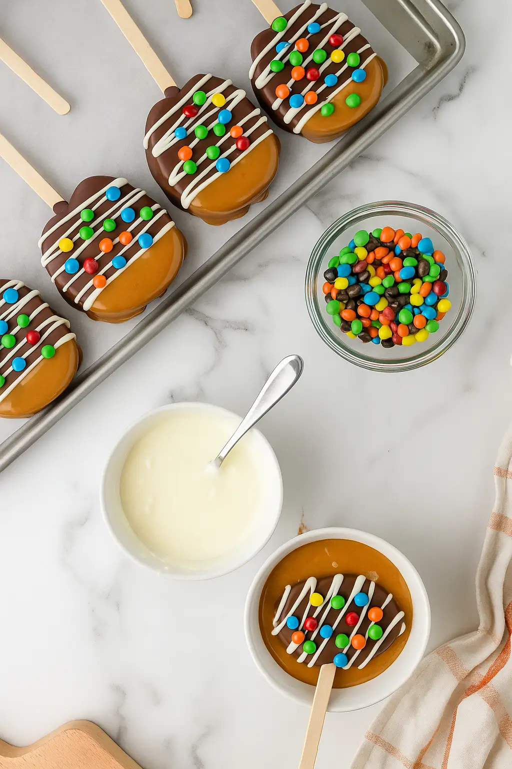 Dipping apple slices in caramel
